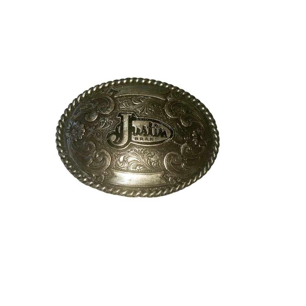 Justin Brand Trophy Belt Buckle 4'' x 3" Silver Rodeo Floral Western Cowboy - Picture 2 of 6